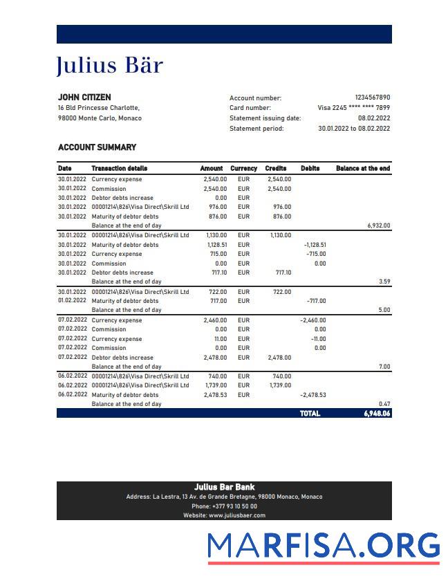 Realistic Monaco Julius Bar bank statement excel download for verification